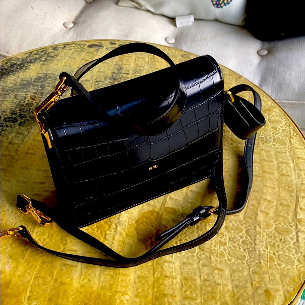 Black and Gold Crossbody Bag with Croc-Embossed Texture JW Pei